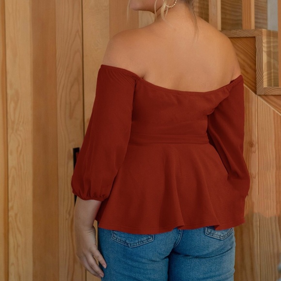 PLUS SIZE black off shoulder peplum blouse Rust - Picture 12 of 12